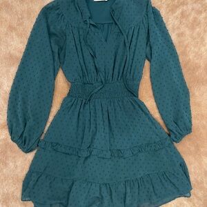 Peach Love California Emerald Green Swiss Dot Smocked
Ruffle Tie-Neck Mini Dress